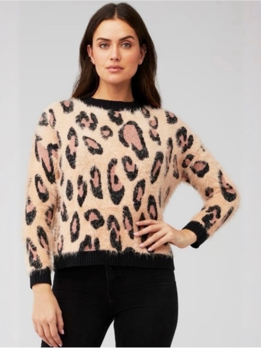 MINKPINK Peachy Pink & Black Leopard Fuzzy Crewneck Sweater Size Medium